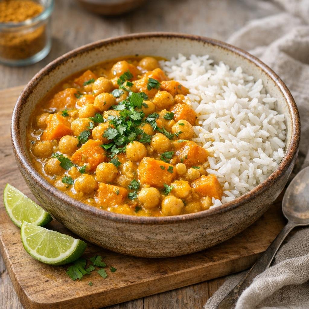 Cari végétarien pois chiches, patate douce & curry fort avec Mélange de Curry Fort