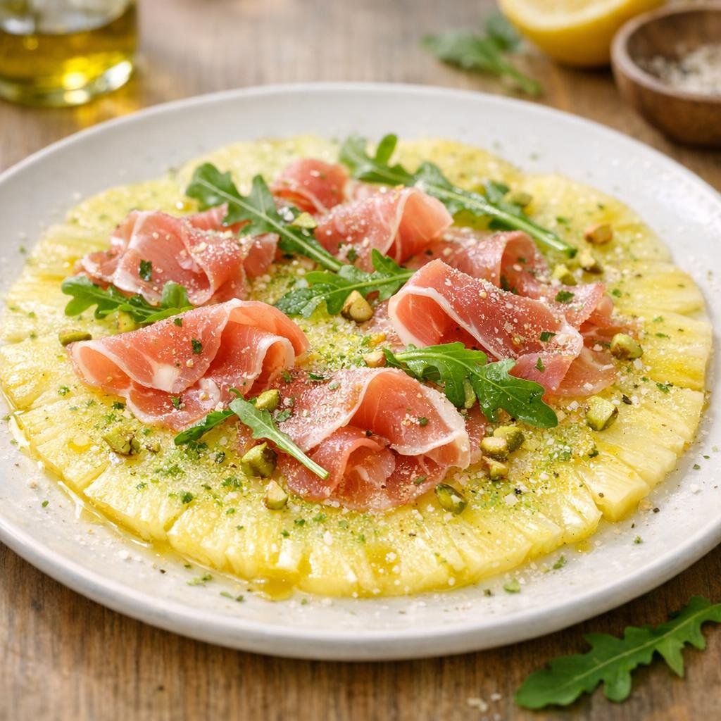 Carpaccio ananas jambon frais au Sucre à la Menthe avec Sucre à la Menthe
