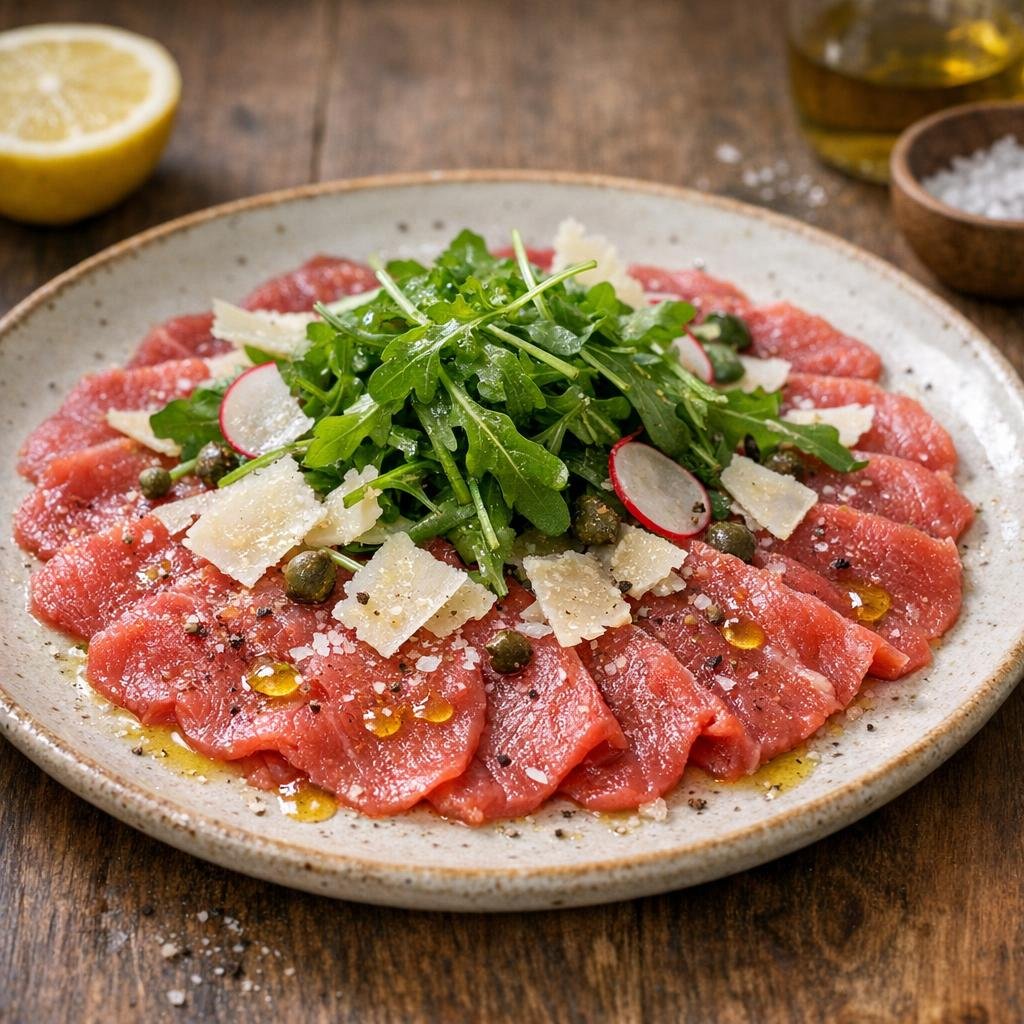Carpaccio de bœuf, roquette et huile à la truffe blanche avec Huile d'olive à la Truffe Blanche
