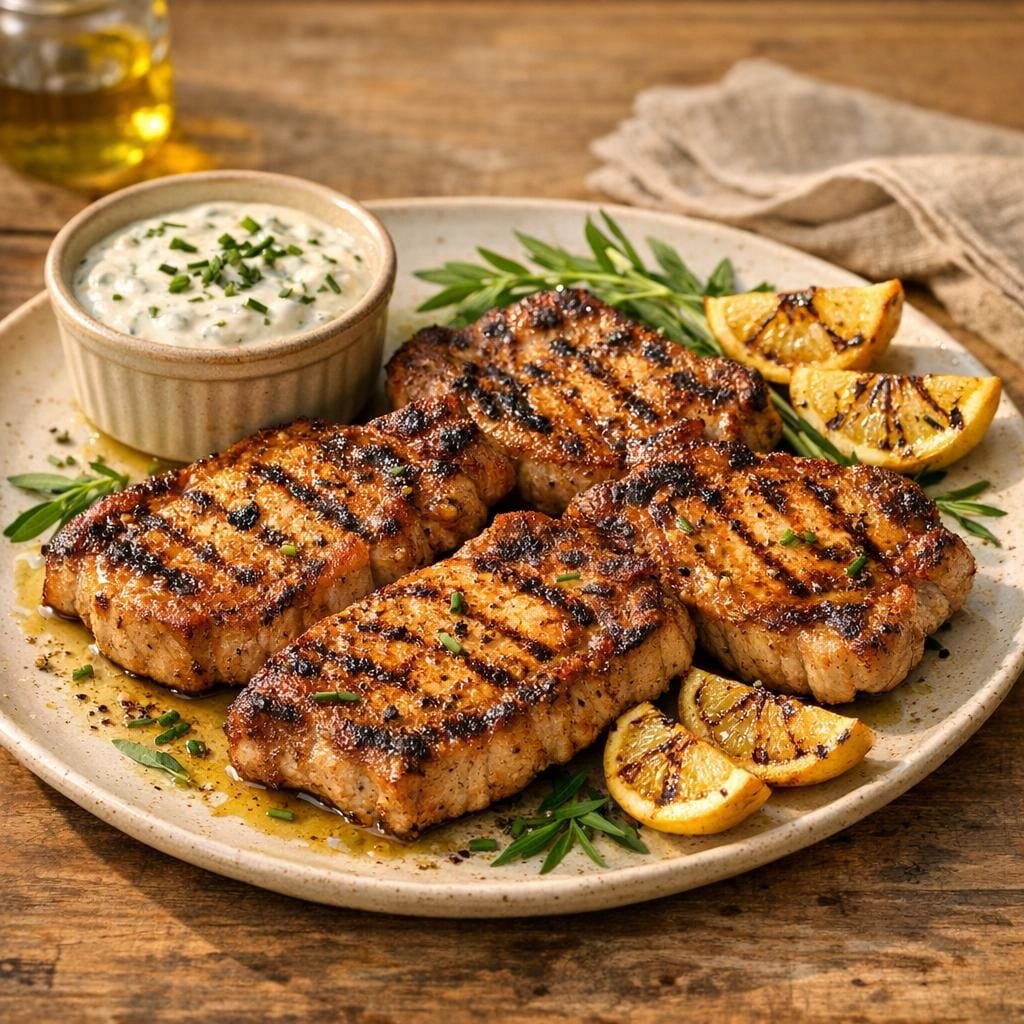 Côtes de porc au Béarnaise Barbecue, crème légère avec Béarnaise Barbecue – Herbes, Fumée & Caractère Grillé