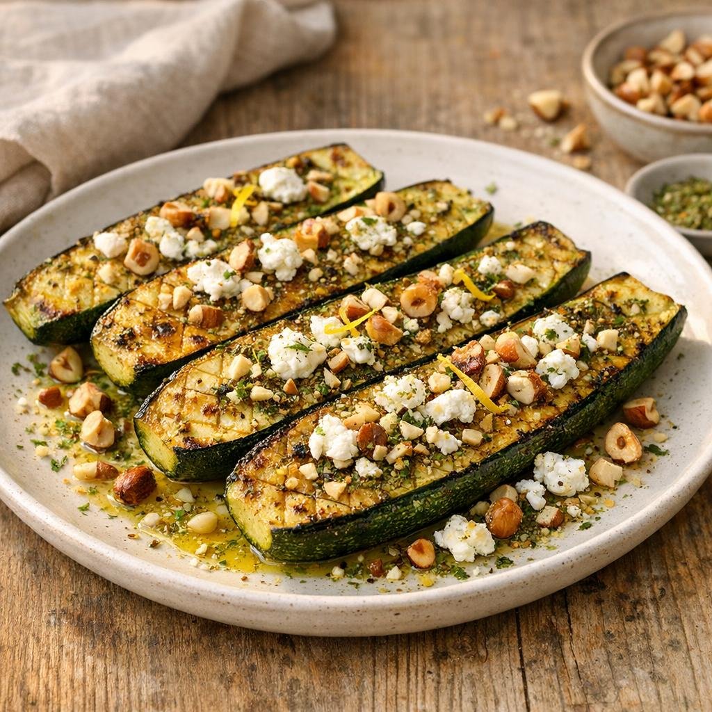 Courgettes rôties parfumées, chèvre et noisettes avec Assemblage Courgette en fête