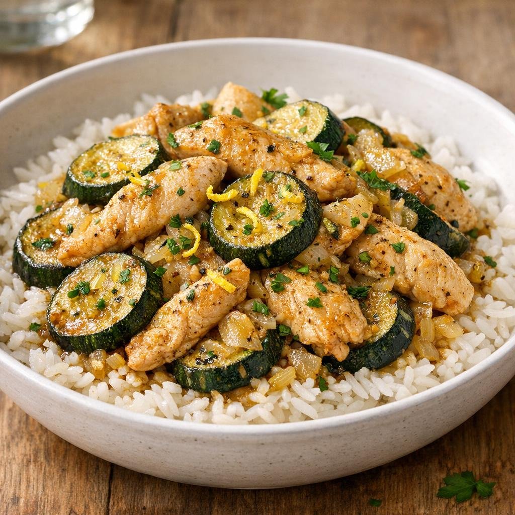 Courgettes sautées au poulet et riz parfumé avec Assemblage Courgette en fête