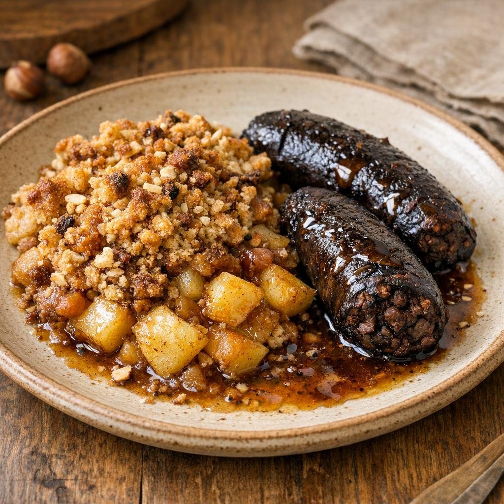 Crumble aux pommes épicé et boudin noir croustillant avec Assemblage à Crumble