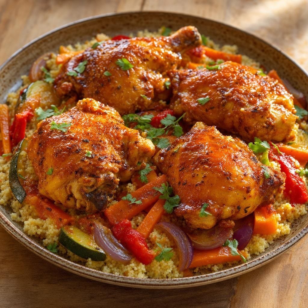 Cuisses de poulet rôties à l'Assemblage à Harissa, semoule et légumes fondants avec Assemblage à Harissa