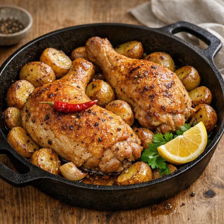 Cuisses de poulet rôties au piment oiseau, pommes de terre fondantes avec Piment oiseau ou Pili-pili rouge sec entier