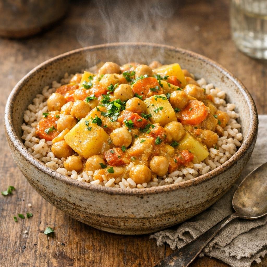 Curry Breton de pois chiches, carottes et pommes de terre au lait de coco avec Curry Breton