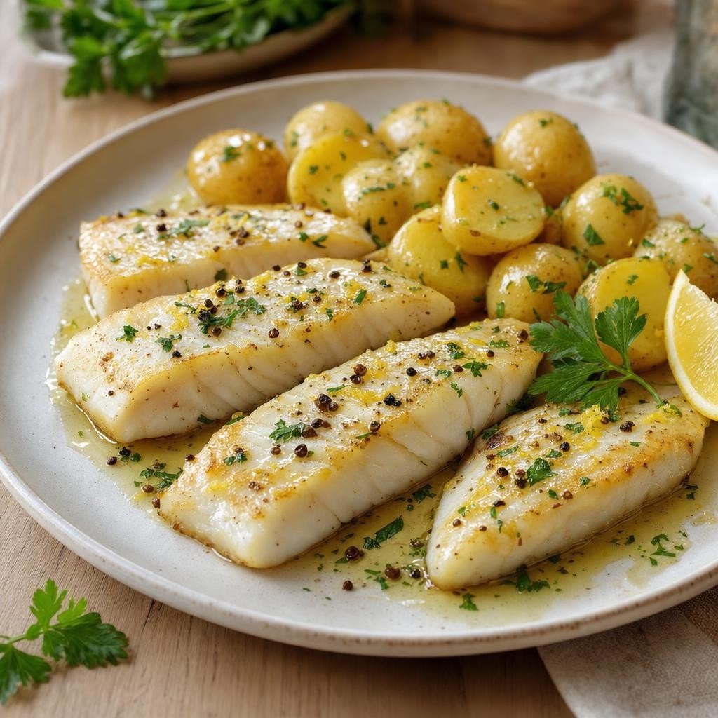 Filet de poisson aux Baies verveine, beurre citronné et pommes de terre vapeur avec Baies verveine ou Baies Mang Tang