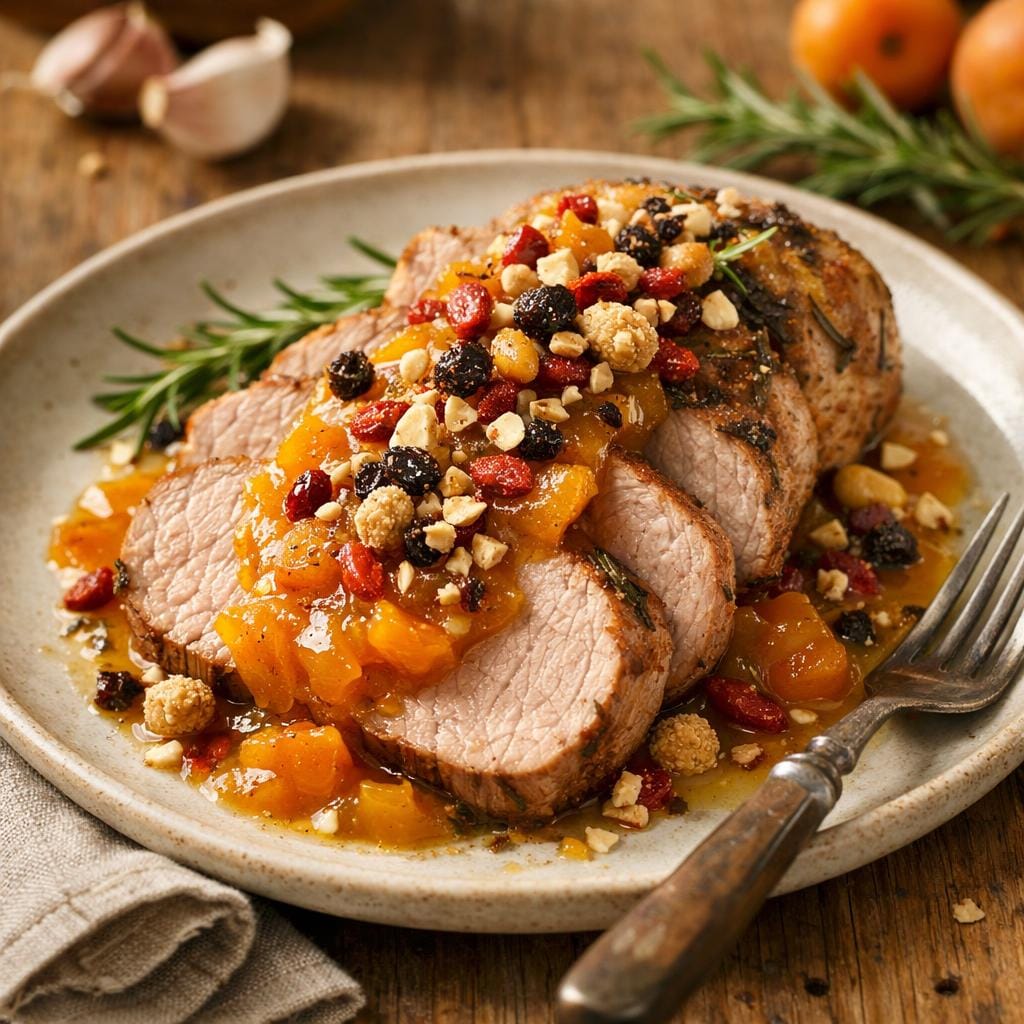 Filet de porc rôti au romarin, compotée d&rsquo;abricots et Assemblage Balade en forêt