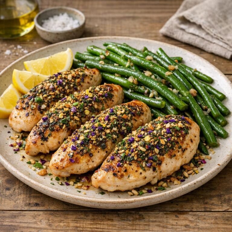 Filet de poulet grillé au Croquant des prés, haricots verts avec Croquant des prés