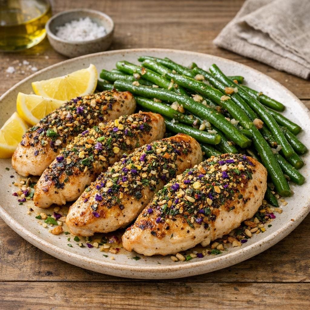 Filet de poulet grillé au Croquant des prés, haricots verts avec Croquant des prés