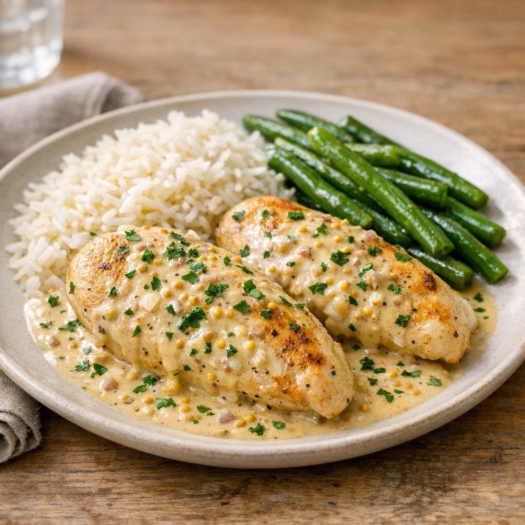 Filets de poulet à la moutarde jaune et crème avec Graines de moutarde Jaune