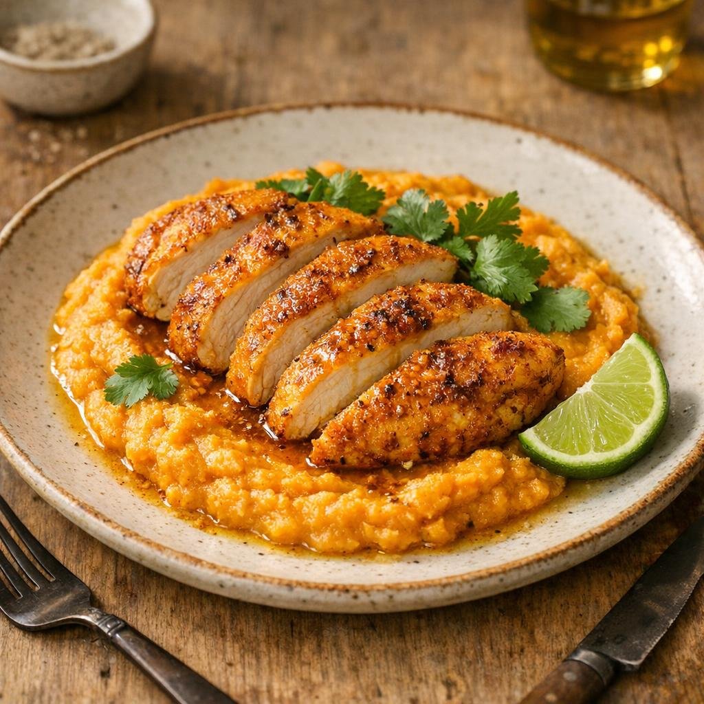 Filets de poulet au curry, purée de patate douce avec Enrobage Curry