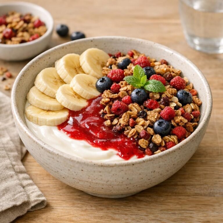 Granola aux fruits rouges : yaourt, banane et coulis avec Granola aux fruits rouges