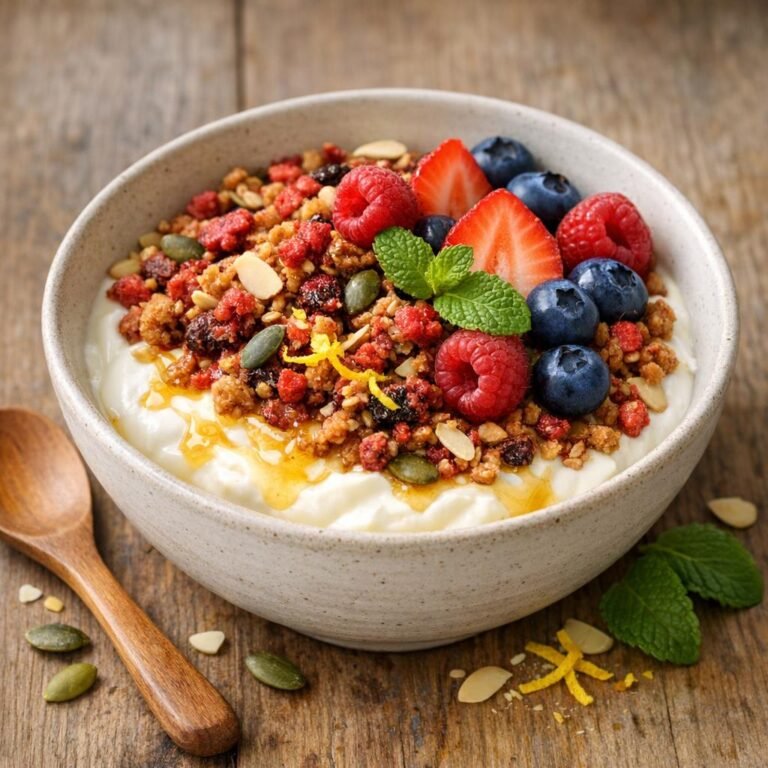 Granola fruits rouges sur fromage blanc fermier avec Granola aux fruits rouges