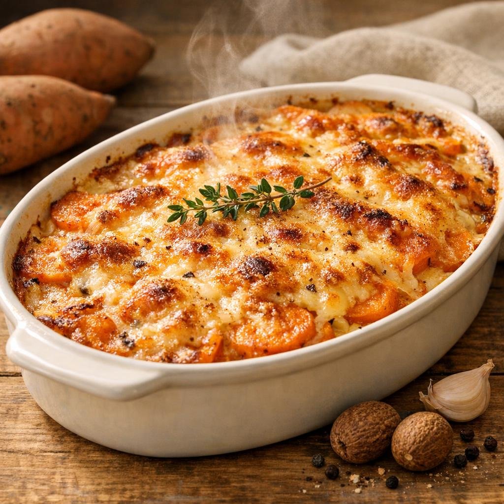Gratin de patates douces, comté et noix de muscade entière avec Noix de muscade entière
