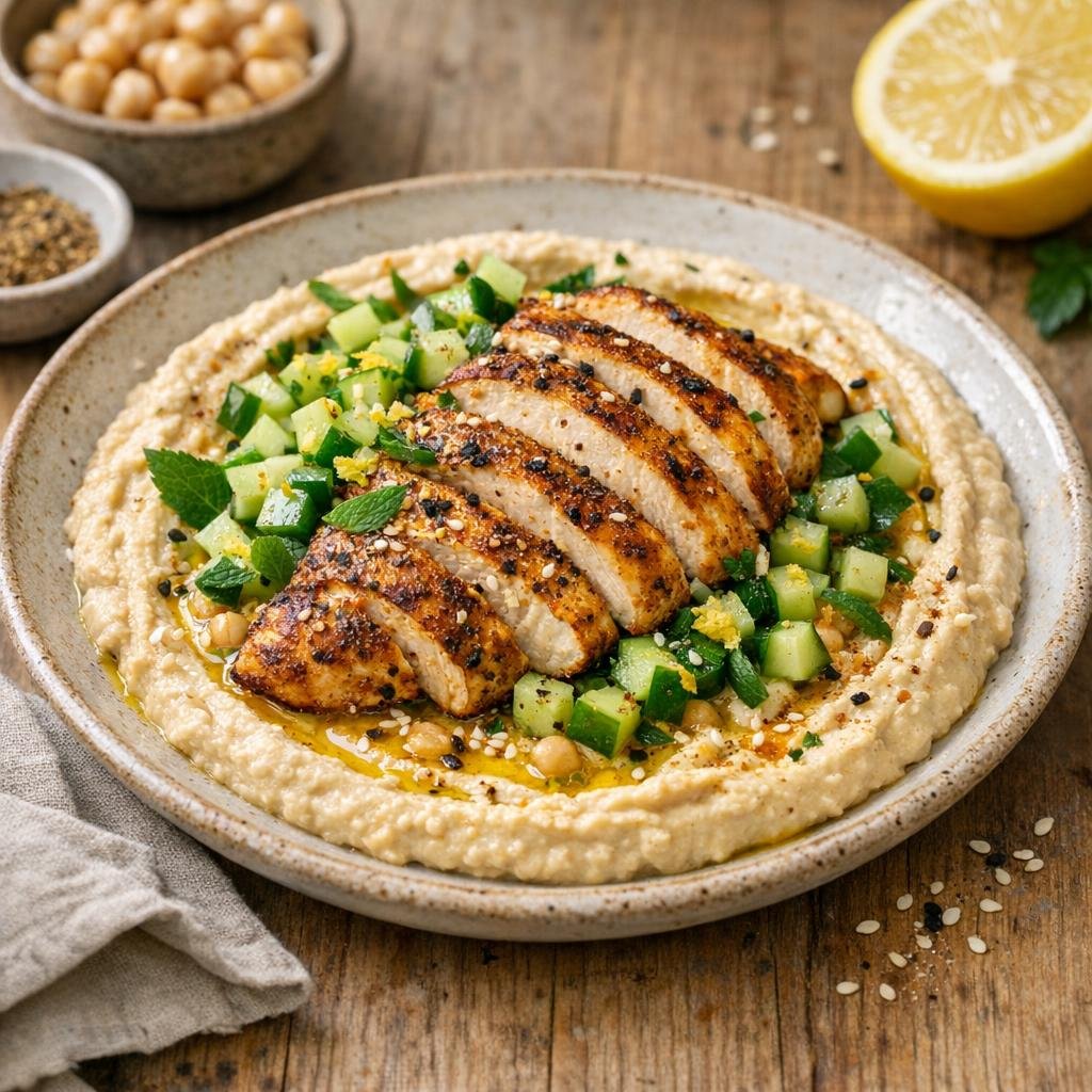 Houmous épicé au poulet grillé, citron et herbes avec Houmous