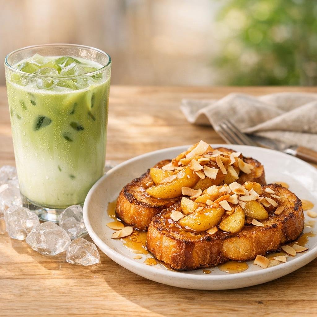 Latte glacé Matcha Summer Breeze et brioche perdue avec Matcha Summer Breeze