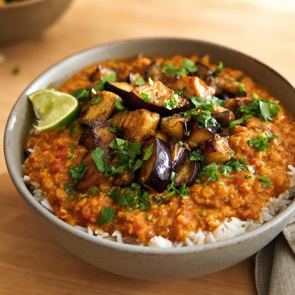 Lentilles corail au Massalé/Rougail, riz et aubergines poêlées avec Assemblage Massalé/Rougail