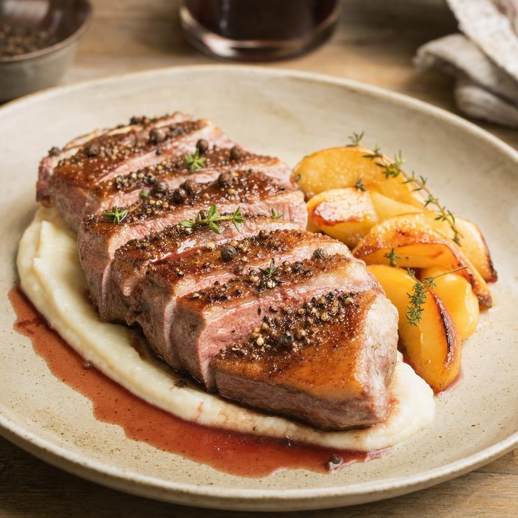Magret de canard au poivre à queue cubèbe, purée de céleri-rave et pommes rôties avec Poivre à queue Cubèbe