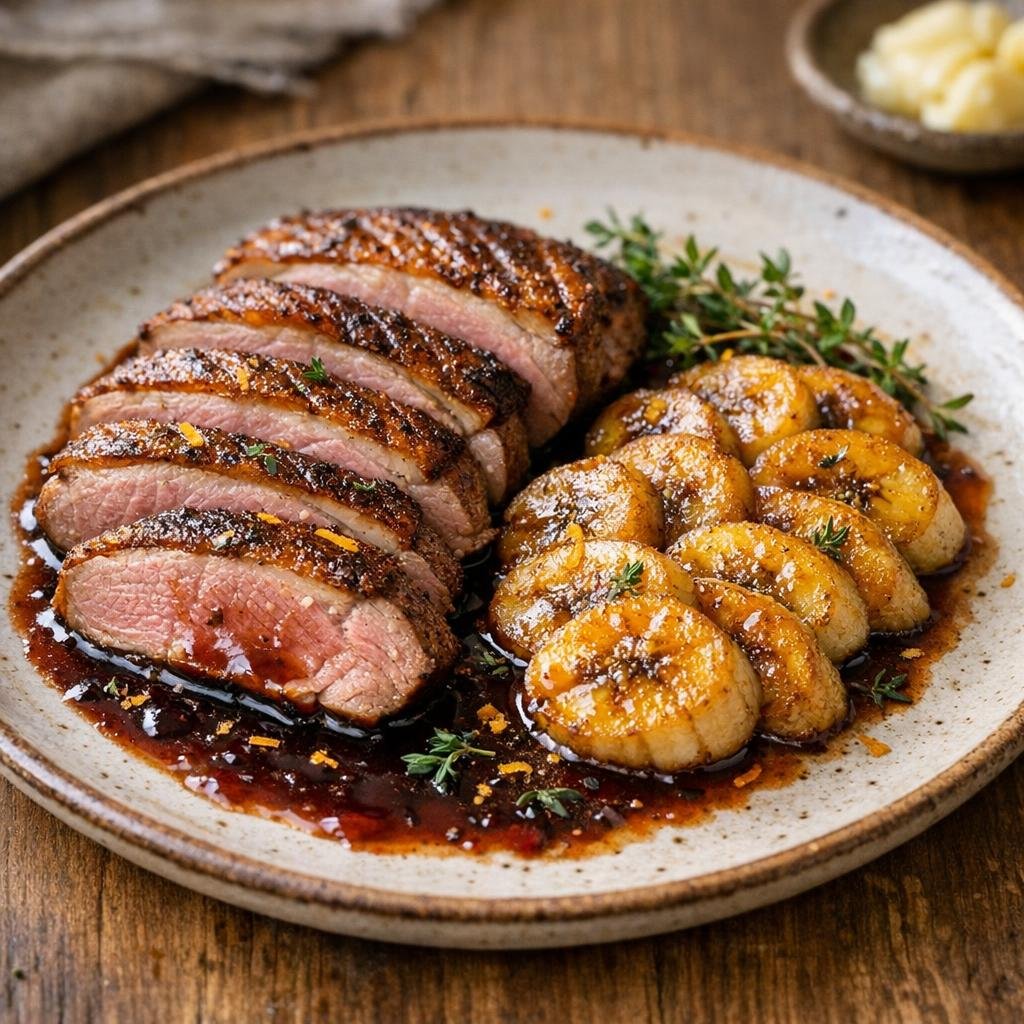 Magret de canard et banane Gros Michel caramélisée avec Banane Gros Michel du Cameroun