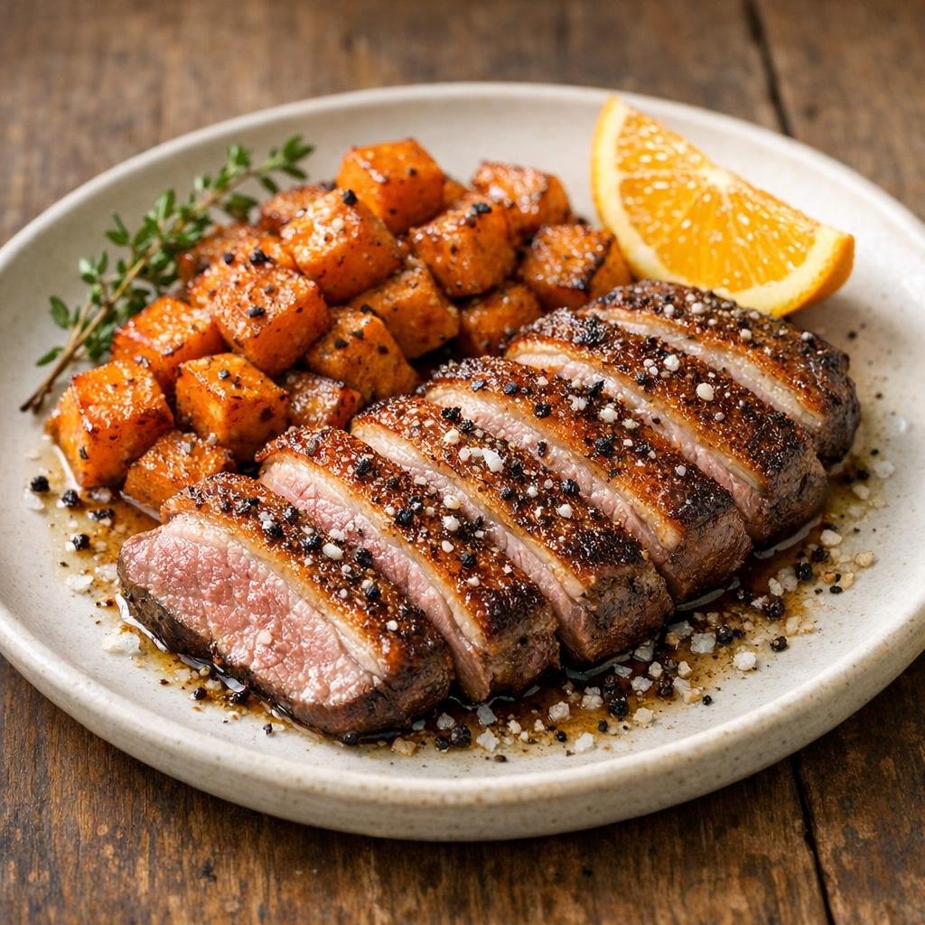 Magret de canard rôti, patates douces et sel poivré avec Fleur de Sel au Poivre Voatsiperifery Noir de Madagascar