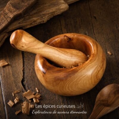 Mortier et pilon en bois d'olivier Ø 11 cm - Les Épices Curieuses