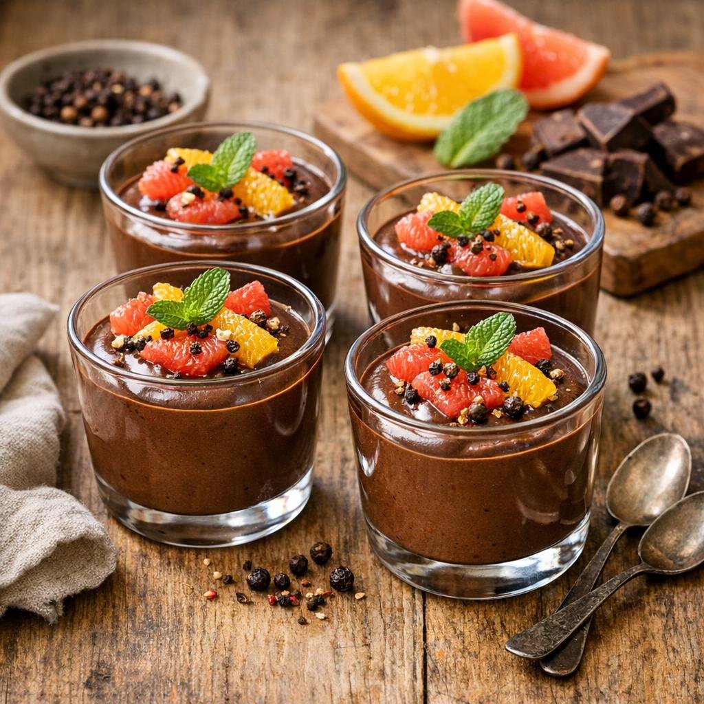 Mousse au chocolat noir et agrumes, éclats de Poivre de Timut avec Poivre de Timut entier