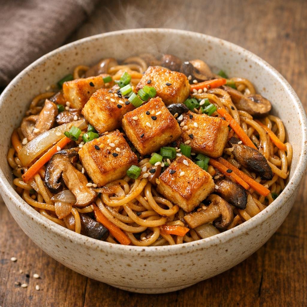 Nouilles sautées coréennes au tofu croustillant avec Assemblage Coréen