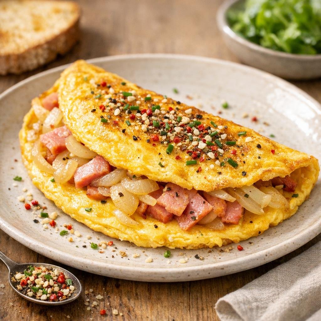 Omelette jambon oignons