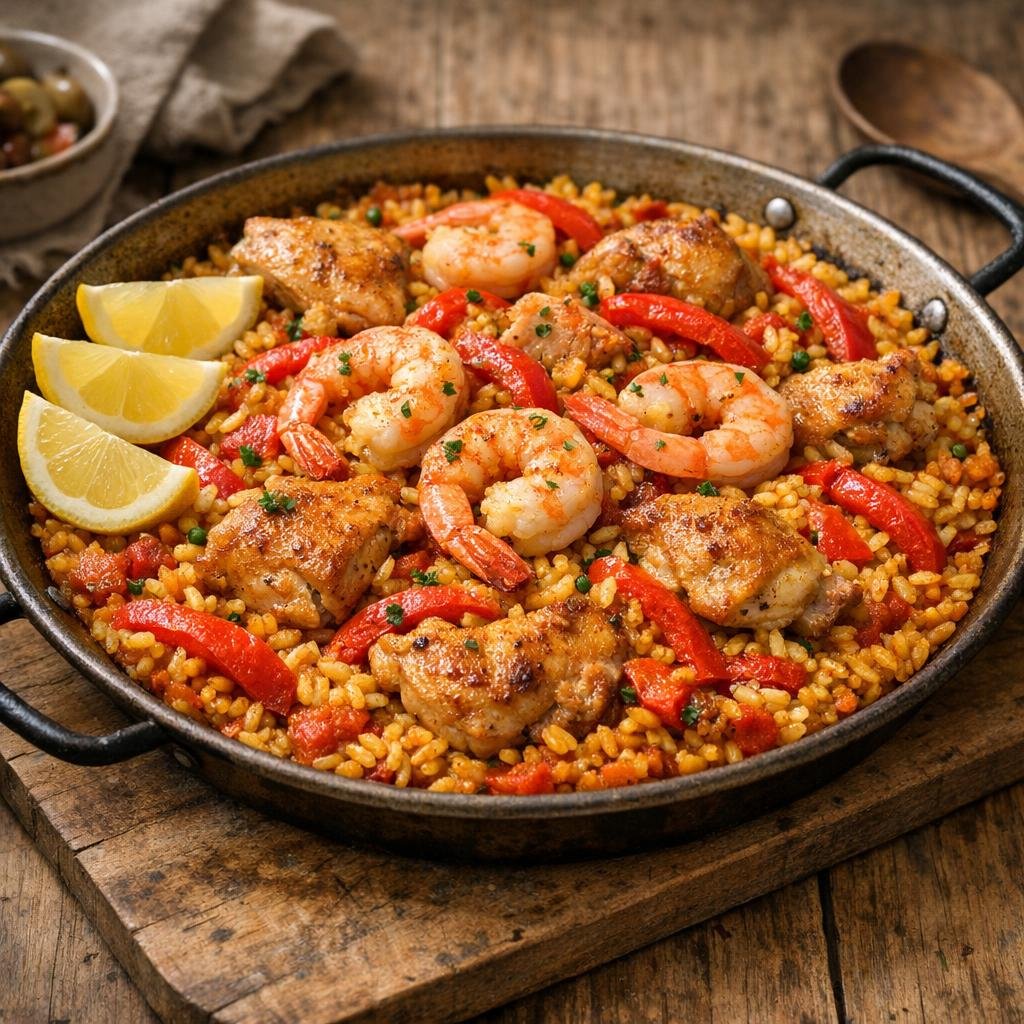 Paella au poulet et crevettes