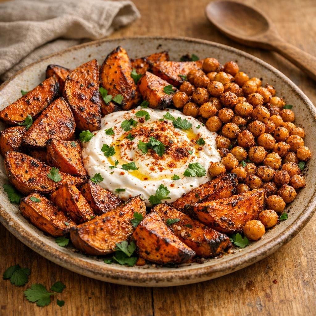 Patates douces rôties au Brasier et pois chiches croustillants avec Le Brasier