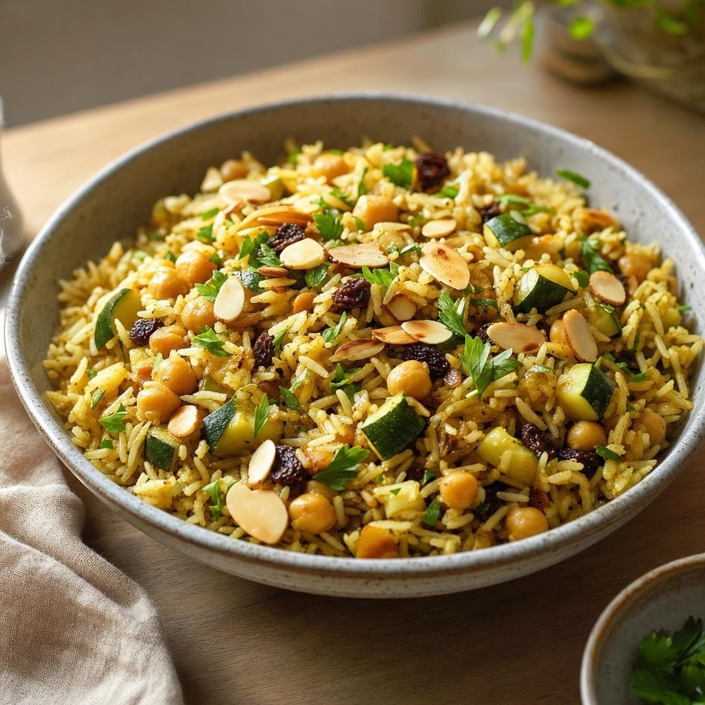 Pilaf végétarien au riz, pois chiches, raisins et amandes avec Assemblage à riz