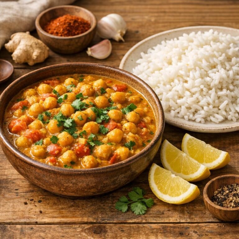 Pois chiches au vinday créole, riz et quartiers de citron avec Vinday Créole