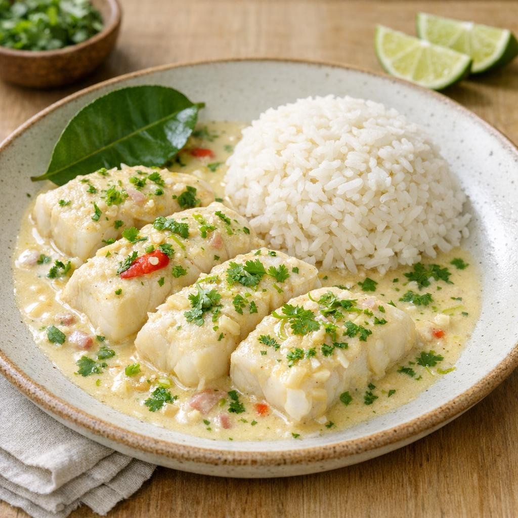 Poisson au combava et lait de coco, riz parfumé avec Combava feuille entière