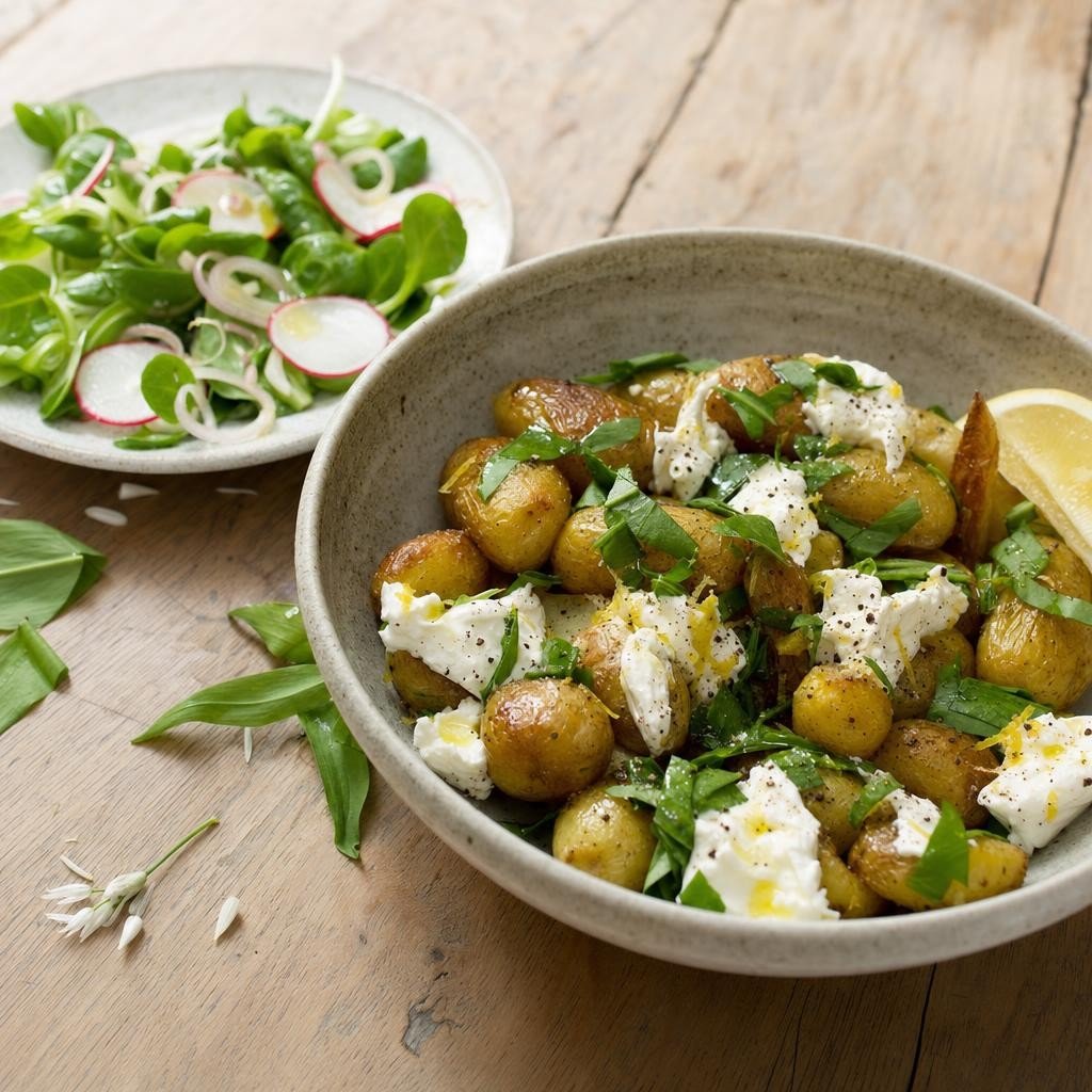 Pommes de terre rôties à l'ail des ours et fromage frais avec Ail des ours