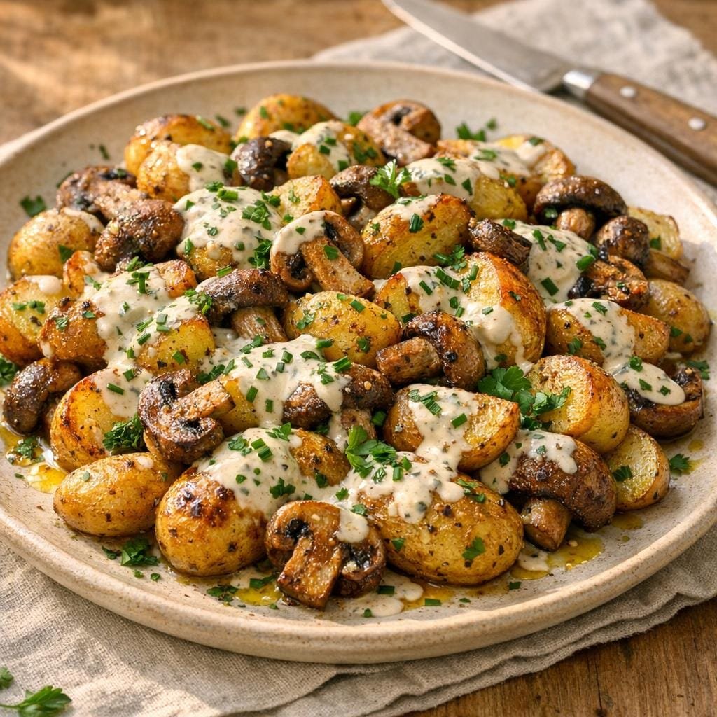 Pommes de terre rôties et champignons grillés à la Béarnaise Barbecue avec Béarnaise Barbecue – Herbes, Fumée & Caractère Grillé