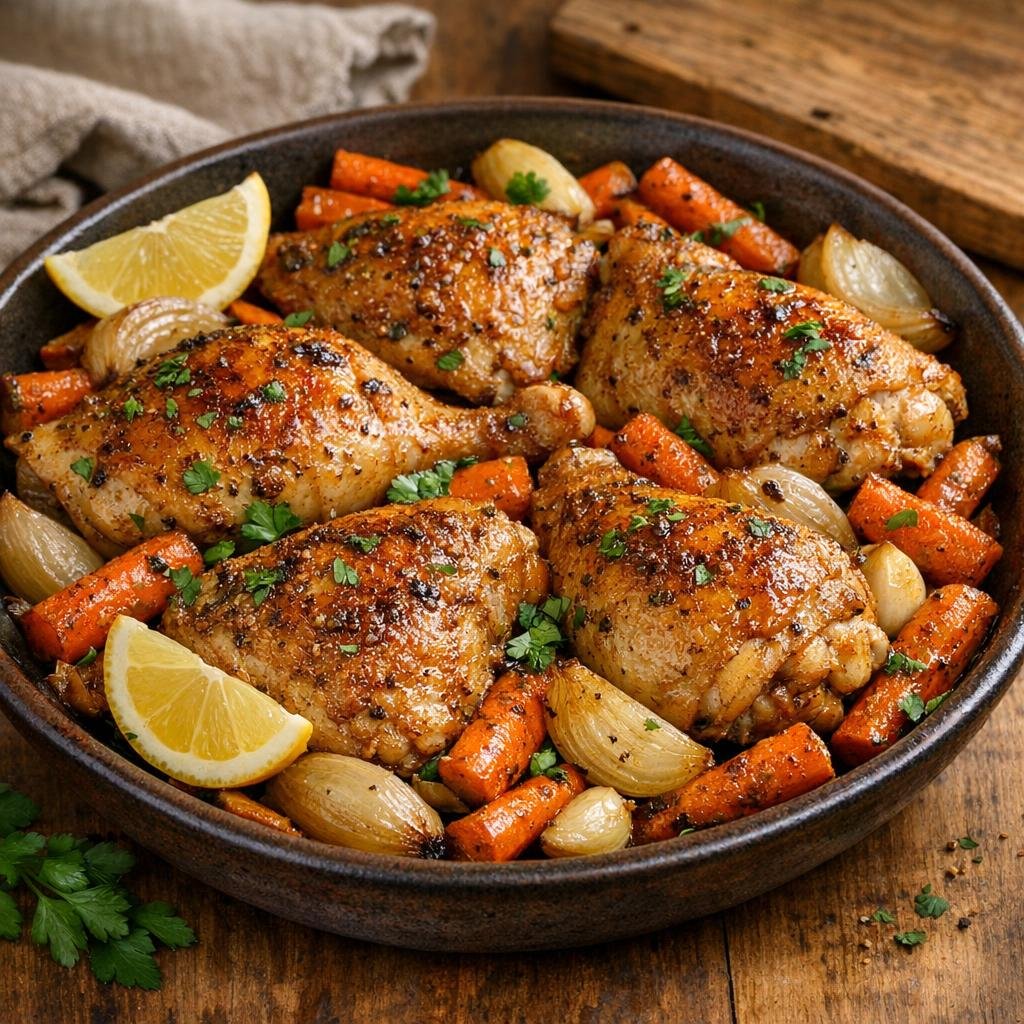 Poulet aux épices d'automne, carottes rôties et oignons avec Assemblage Feuilles d’Automne