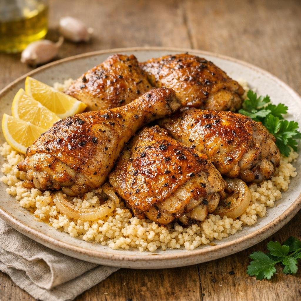 Poulet Braises d'Afrique au four, peau dorée et semoule avec Braises d'Afrique