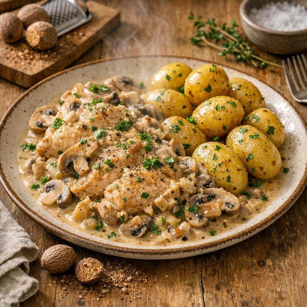 Poulet crémeux aux champignons et noix de muscade entière avec Noix de muscade entière