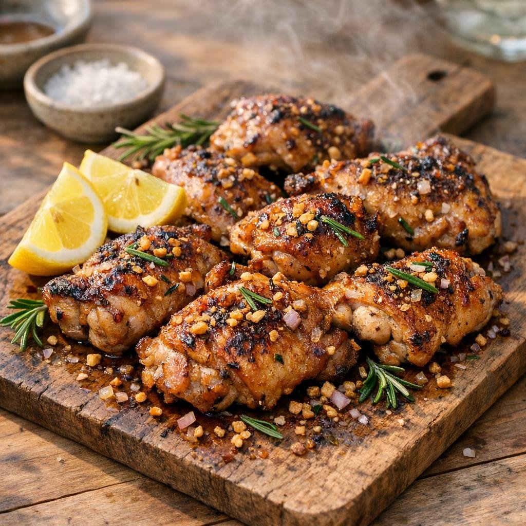 Poulet grillé à l'ail fumé concassé et romarin avec Ail fumé concassé