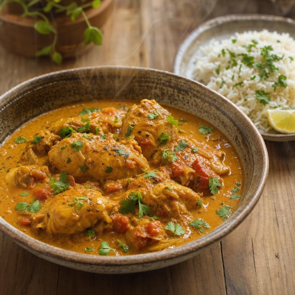 Poulet mijoté au Curry Sambahara, tomate et lait de coco avec Curry Sambahara