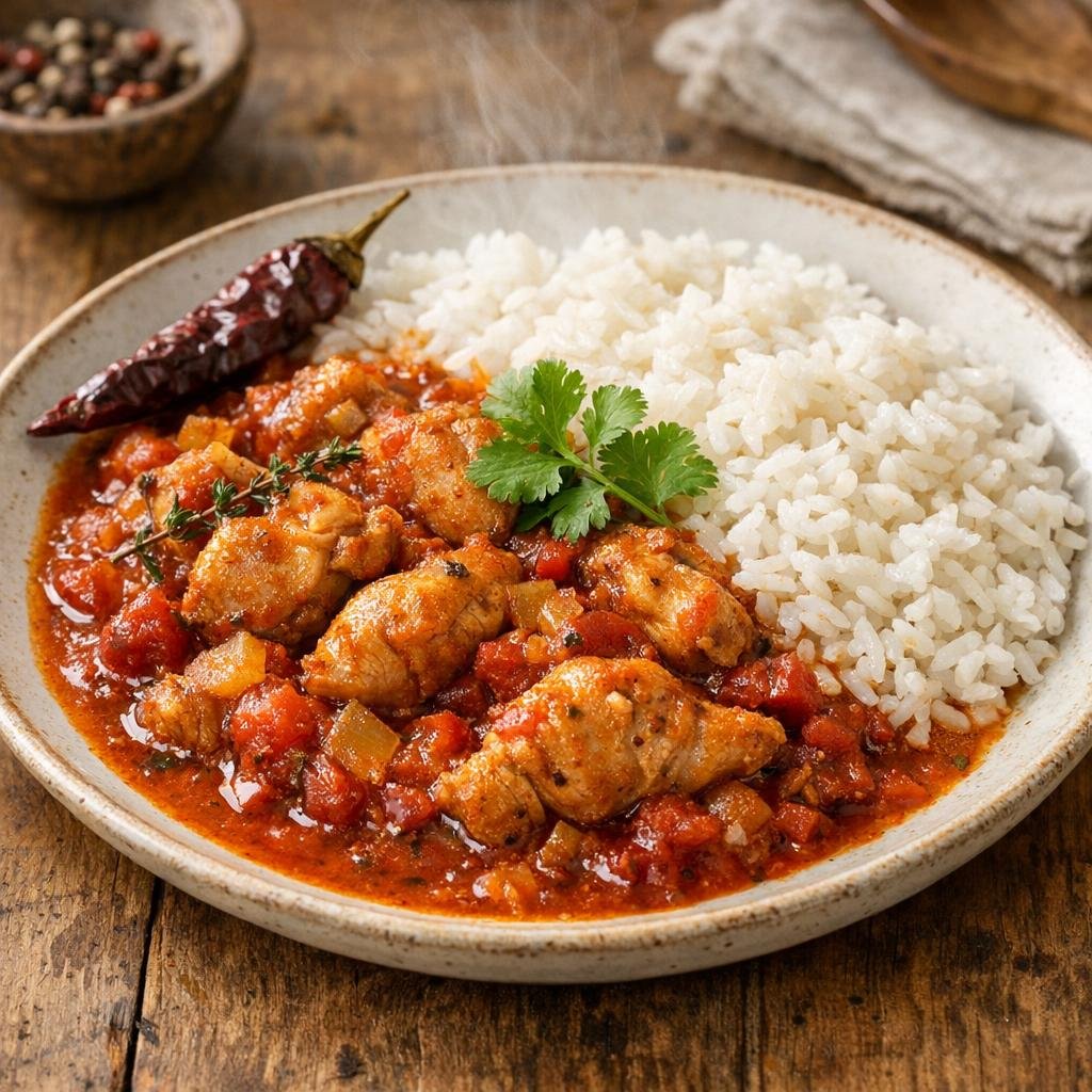 Poulet mijoté au piment cabri entier et tomates avec Piment Cabri Majunga Entier Séché de Madagascar