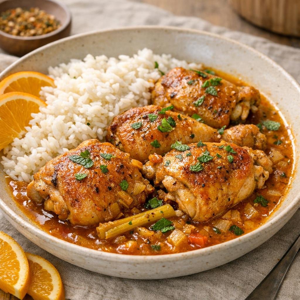 Poulet mijoté aux épices, jus d'orange et riz avec L’Atelier de Saint-Barth
