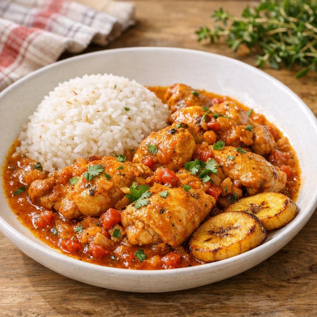 Poulet Vinday Créole mijoté, sauce gourmande et riz avec Vinday Créole