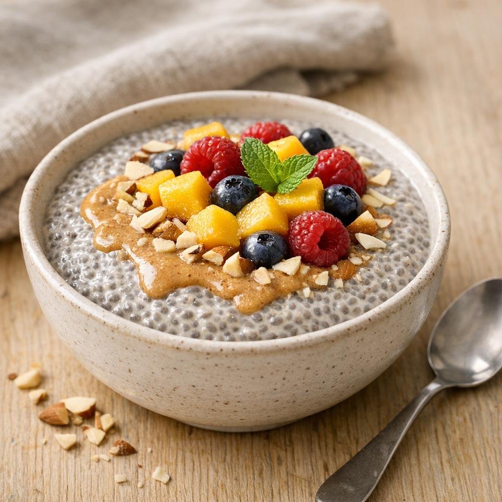 Pudding de chia gourmand aux fruits et purée d'amande avec Graines de Chia