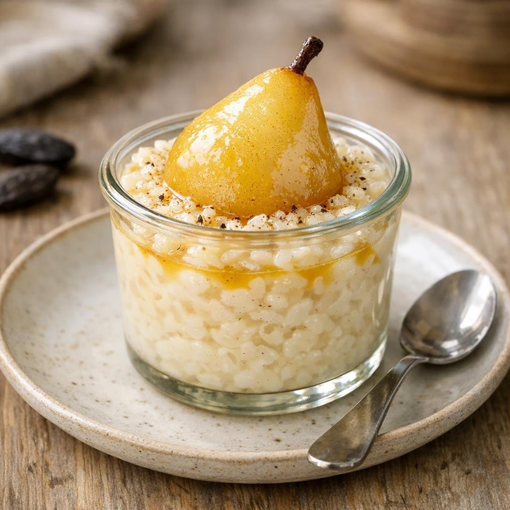 Riz au lait tonka, vanille et poires pochées au sirop avec Fèves Tonka Entières BRESIL BIO