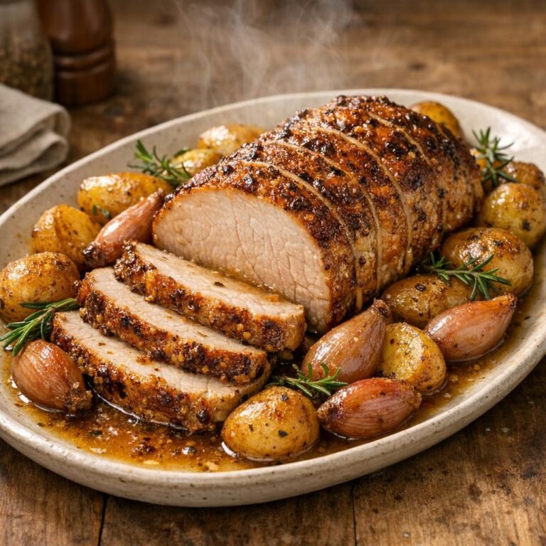 Rôti de porc festif aux Rôtis de Fête et pommes avec Rôtis de Fête