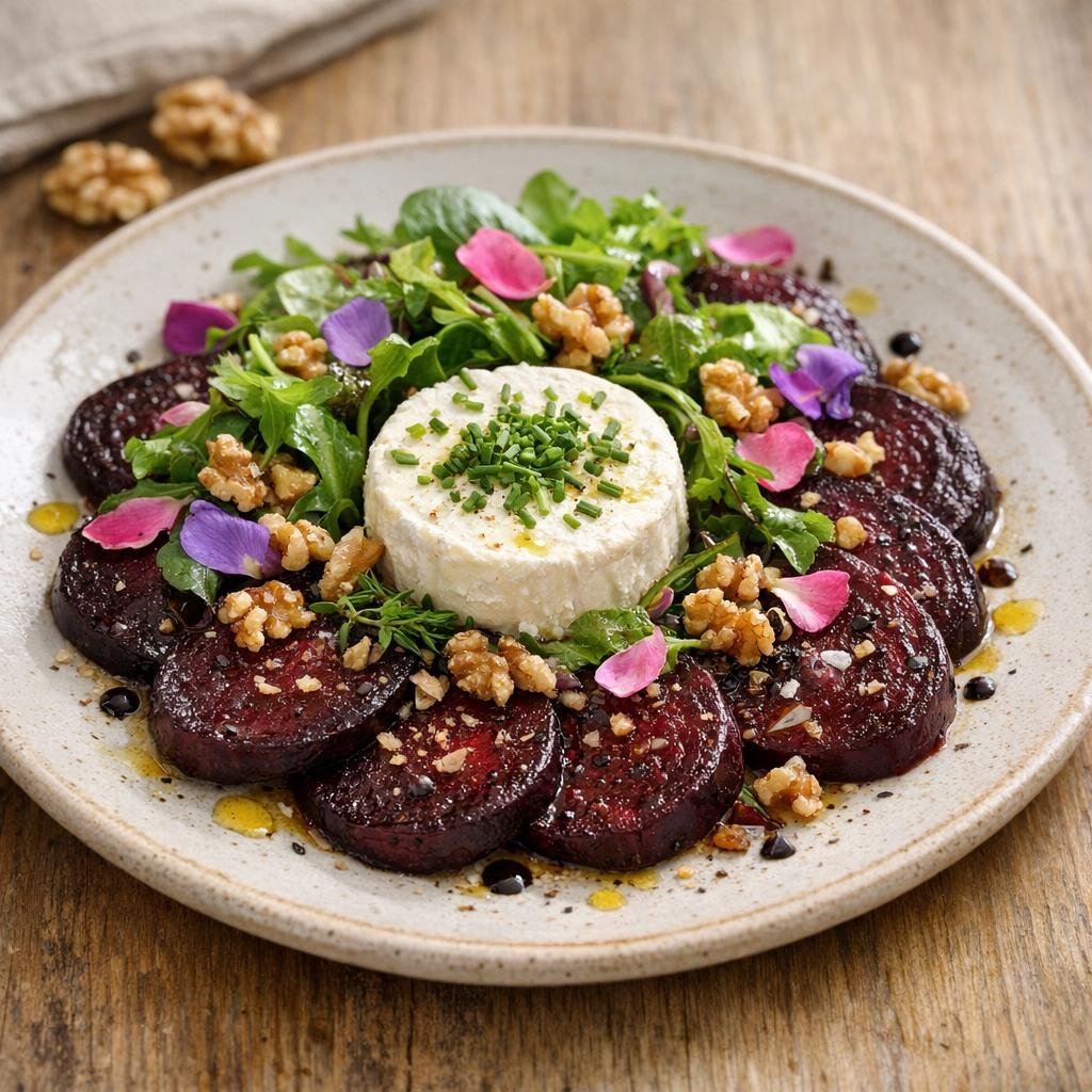 Salade chèvre frais, betterave rôtie et Douceur Florale avec Douceur Florale - Fleurs comestibles
