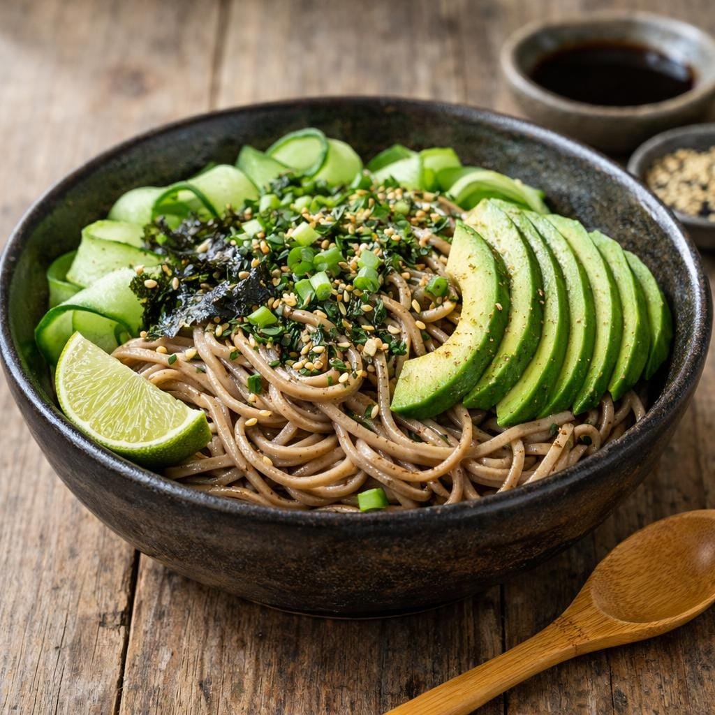 Salade de soba glacée aux concombres, avocat & furikake