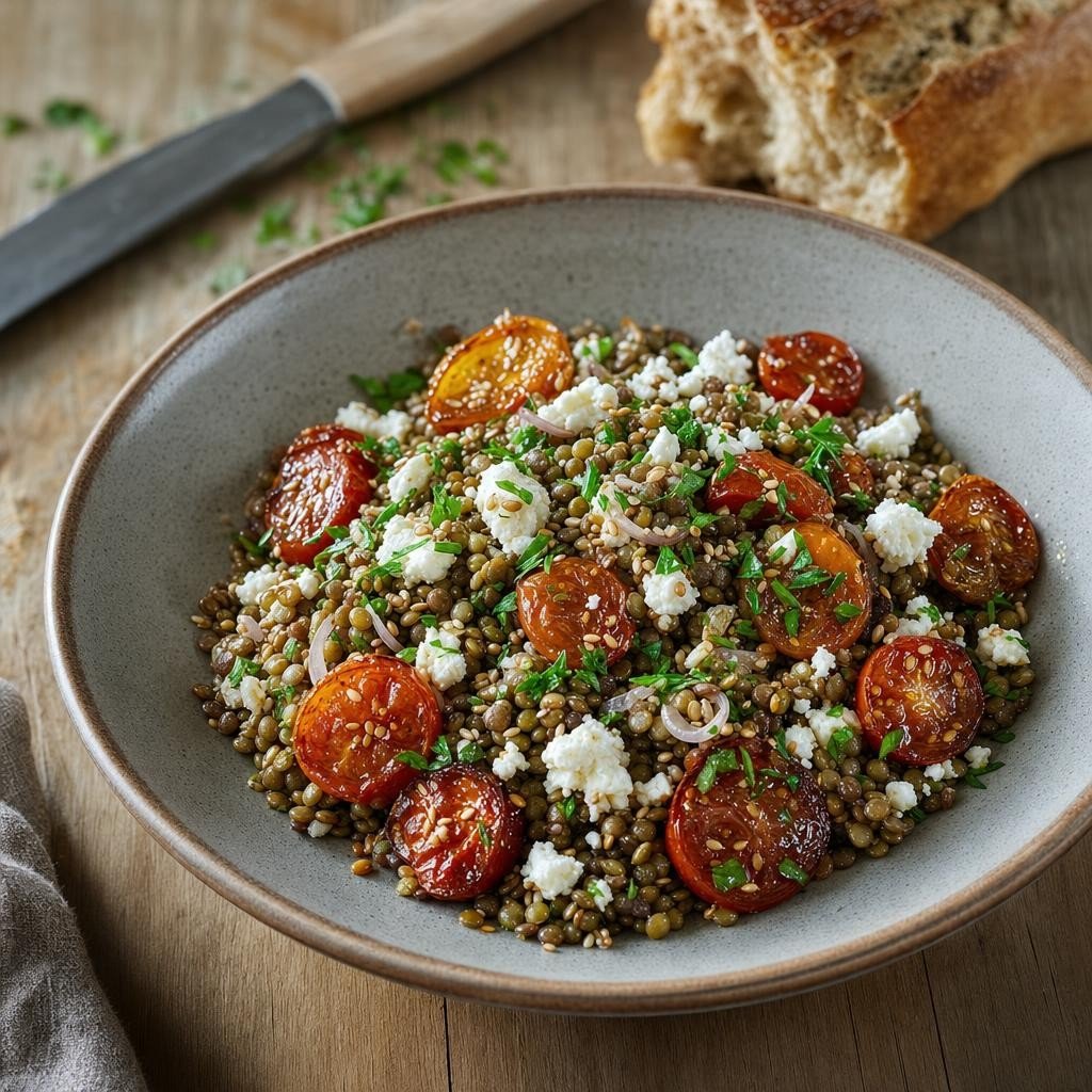 Salade tiède de lentilles, tomates rôties et feta — Vinaigrette Osé ! avec Assemblage vinaigrette Osé !